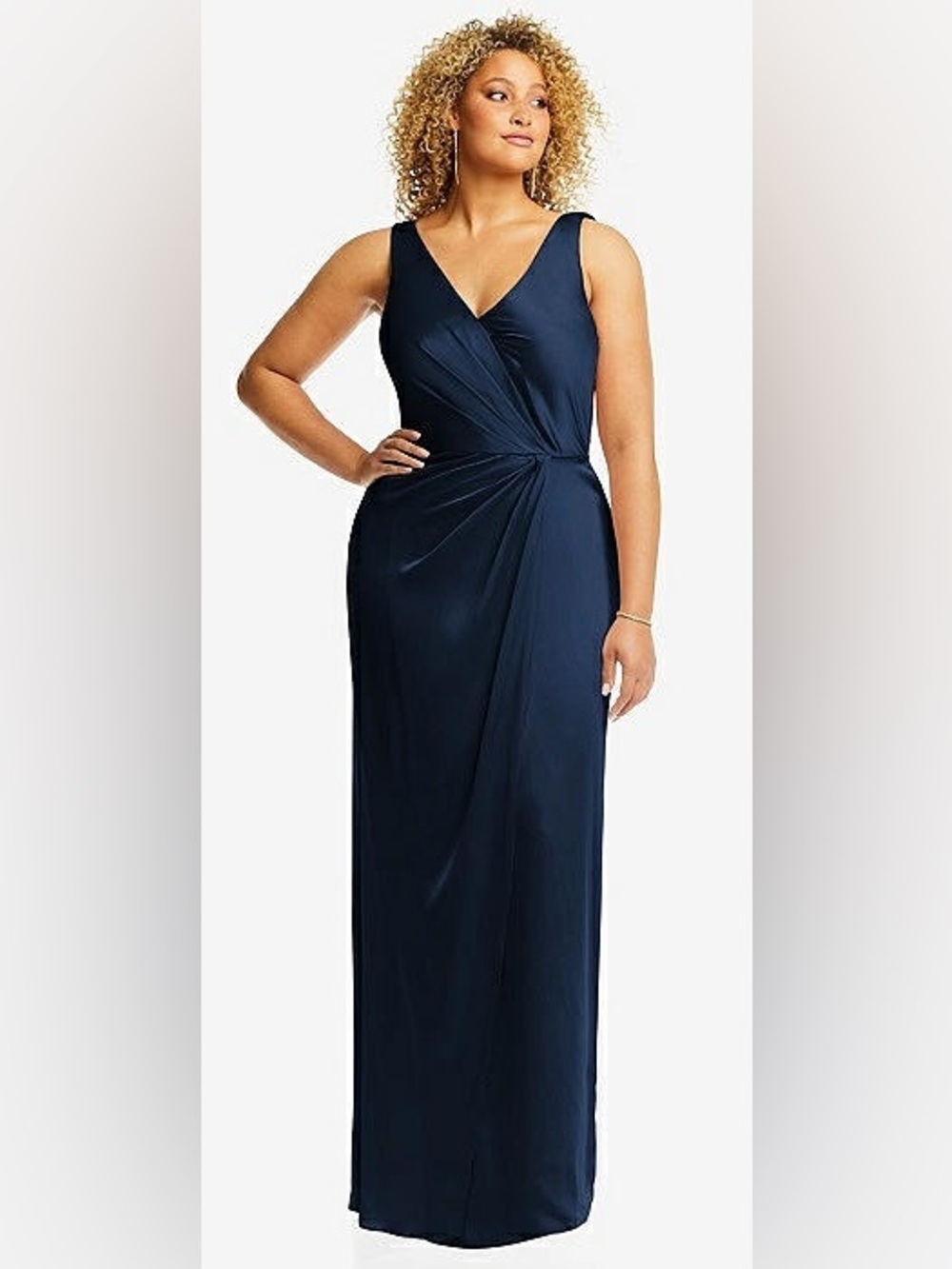 NWT Dessy Wrap Whisper Satin Maxi Dress w/ Draped Tulip Skirt in Navy, Size 6R